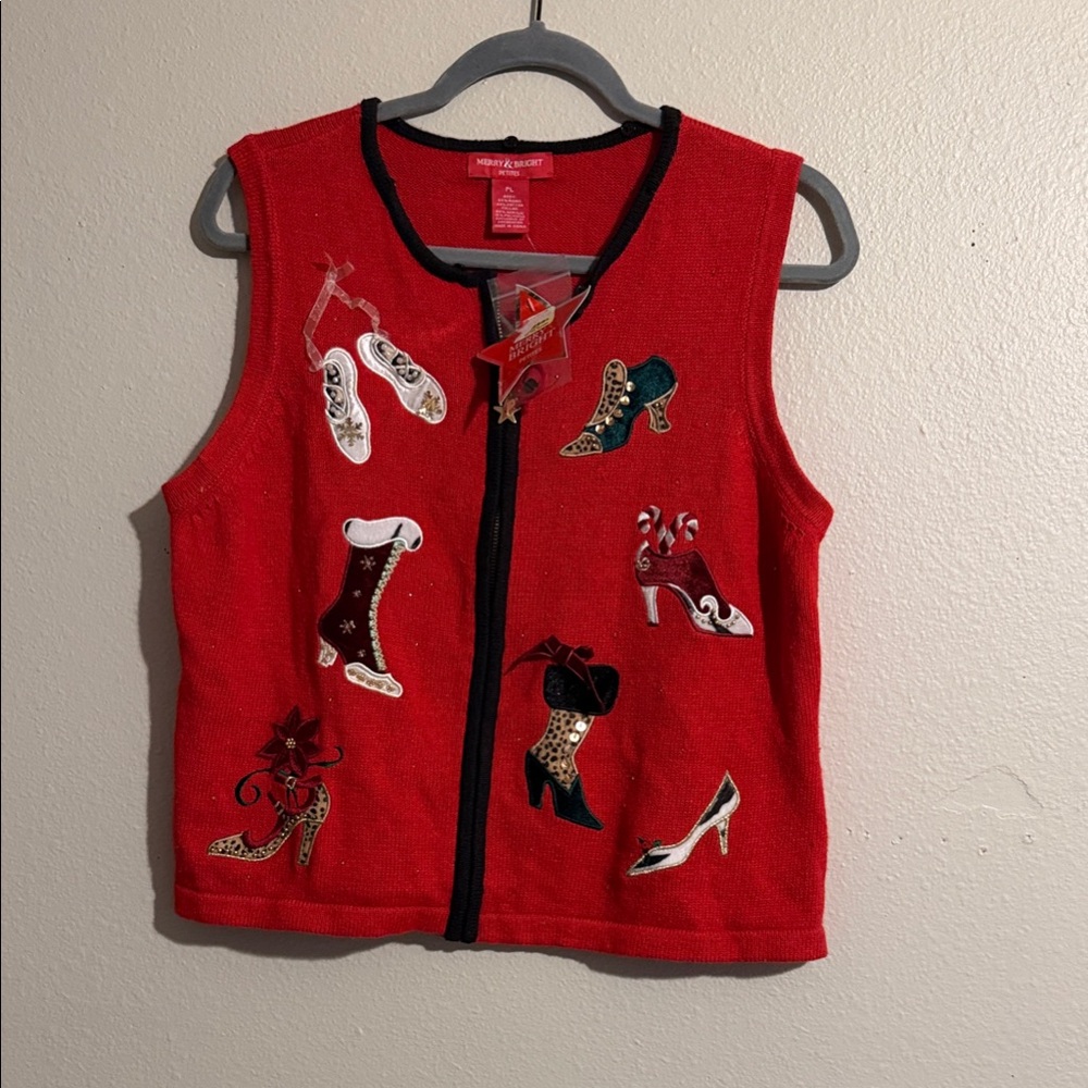 Merry and bright women petites Christmas vest with colorful shoes NWT